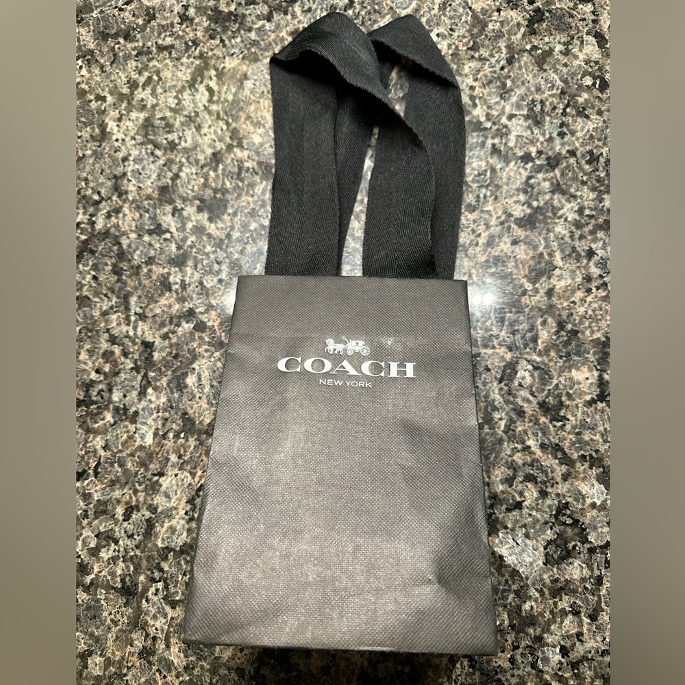 Coach paper bag with black fabric ribbon-like handles.